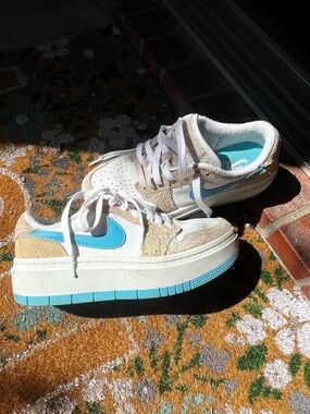 Nike Platform Low Sneakers in White, Tan, and Turquoise